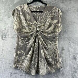 Daniel Rainn Blouse Women's S Gray & Ivory Off White Floral Print Short Sleeve